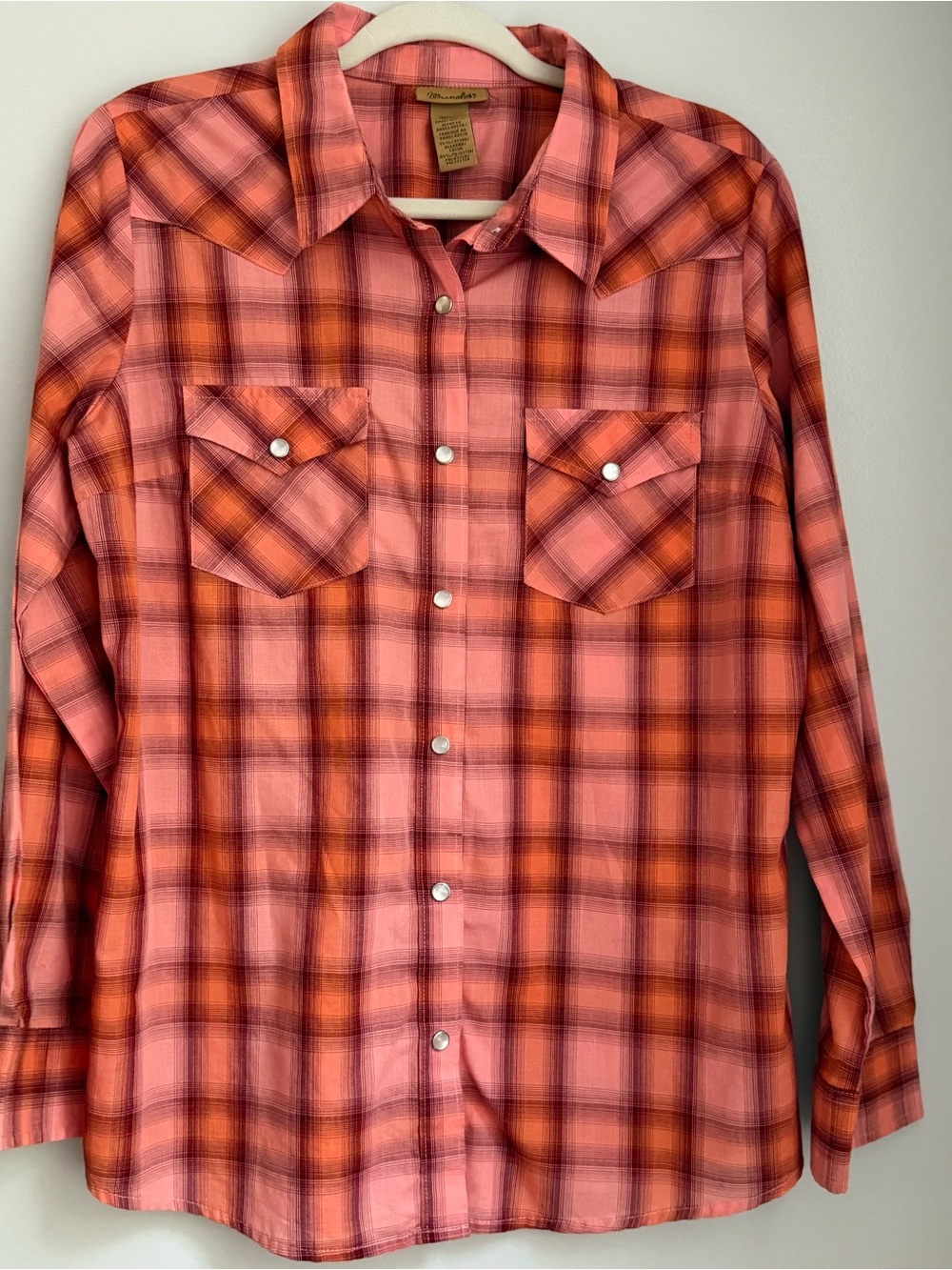 Wrangler Men's Coral and Orange Plaid Western Button-Down Shirt